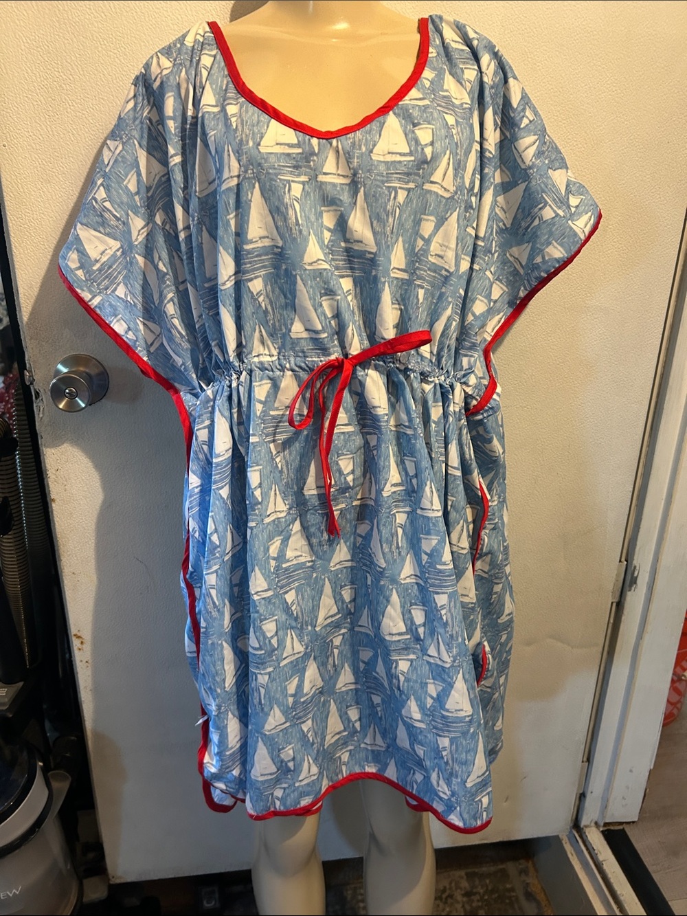 Girls Blue Sailboat Nightgown with Red Trim